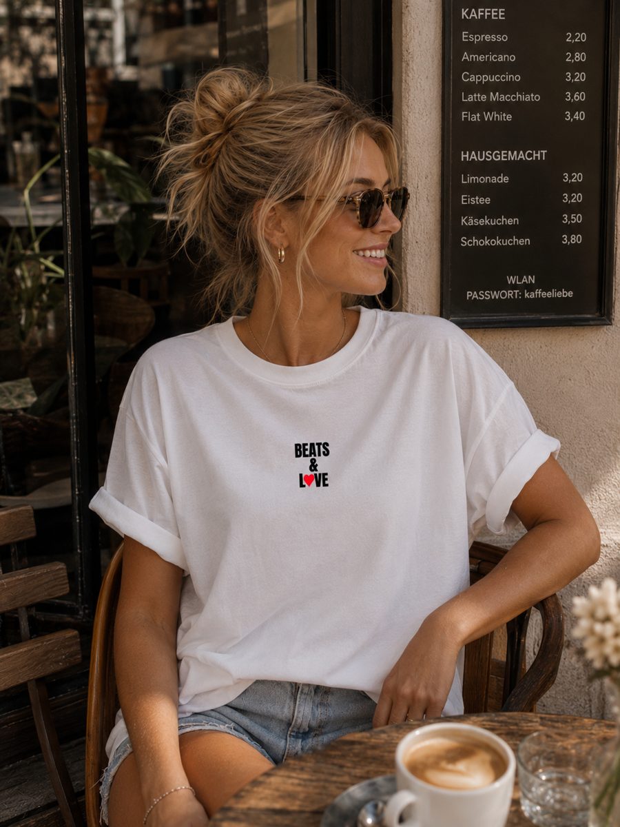 BEATS & LOVE Shirt Weiß, getragen von einer Frau